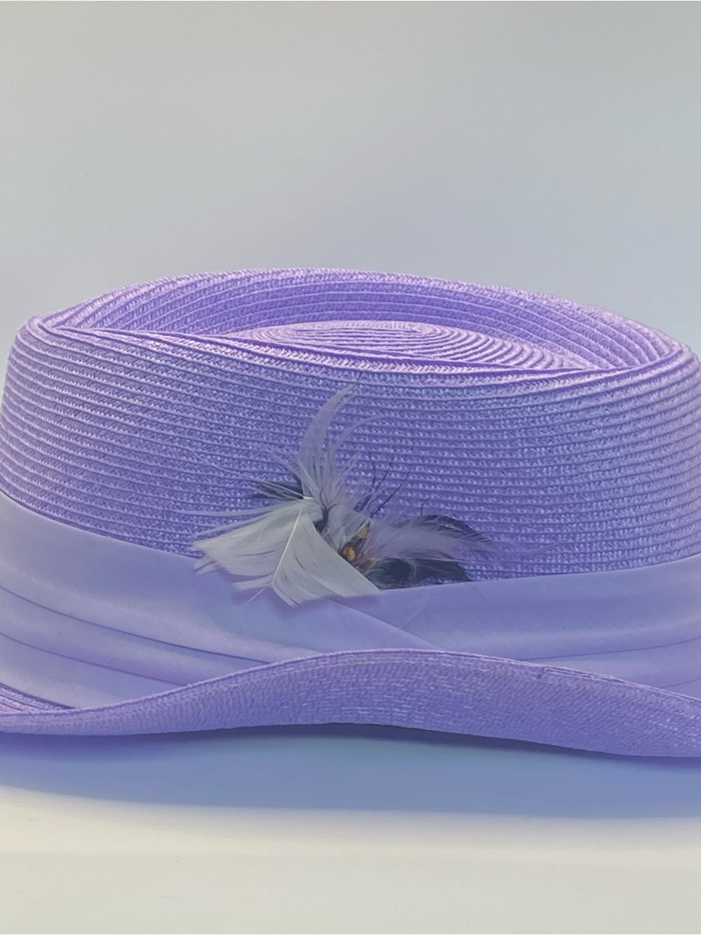 Lilac Straw Dress Hat with Ribbon and Feather Accent
